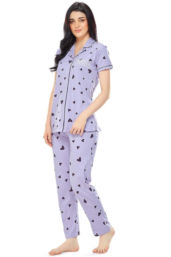 Women's Cotton Heart Printed Night Suit set of Shirt & Pajama Set-Light purple