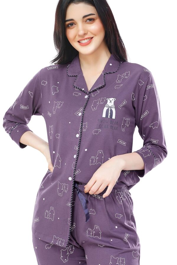 Women's Cotton Heart Printed Night Suit Set Of Shirt & Pajama Set-Purple