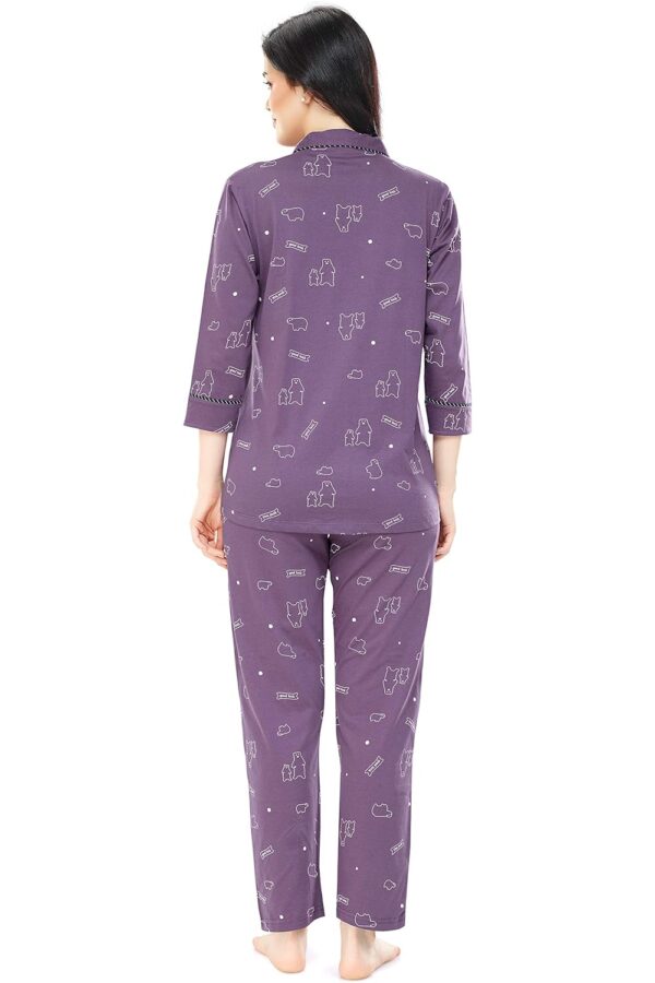 Women's Cotton Heart Printed Night Suit Set Of Shirt & Pajama Set-Purple