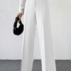 Women's High Rise Solid Color High Waist, Wide Straight-Leg Loose Fit, Front Button Closure, Simple Daily Casual Long Pants with Pockets (Without Belt)-White