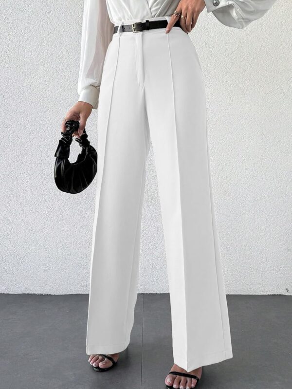 Women's High Rise Solid Color High Waist, Wide Straight-Leg Loose Fit, Front Button Closure, Simple Daily Casual Long Pants with Pockets (Without Belt)-White