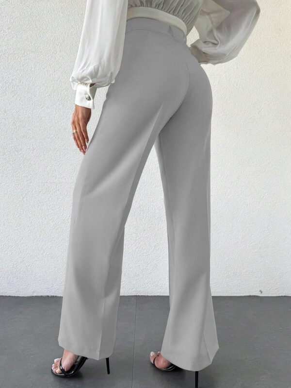 Women's High Rise Solid Color High Waist, Wide Straight-Leg Loose Fit, Front Button Closure, Simple Daily Casual Long Pants with Pockets (Without Belt)-Gery