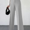 Women's High Rise Solid Color High Waist, Wide Straight-Leg Loose Fit, Front Button Closure, Simple Daily Casual Long Pants with Pockets (Without Belt)-Gery