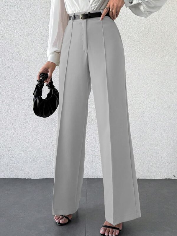 Women's High Rise Solid Color High Waist, Wide Straight-Leg Loose Fit, Front Button Closure, Simple Daily Casual Long Pants with Pockets (Without Belt)-Gery