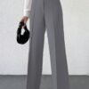 Women's High Rise Solid Color High Waist, Wide Straight-Leg Loose Fit, Front Button Closure, Simple Daily Casual Long Pants with Pockets (Without Belt)-Dark grey