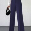Women's High Rise Solid Color High Waist, Wide Straight-Leg Loose Fit, Front Button Closure, Simple Daily Casual Long Pants with Pockets (Without Belt)-Black