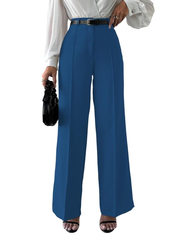 Women's High Rise Solid Color High Waist, Wide Straight-Leg Loose Fit, Front Button Closure, Simple Daily Casual Long Pants with Pockets (Without Belt) -Blue