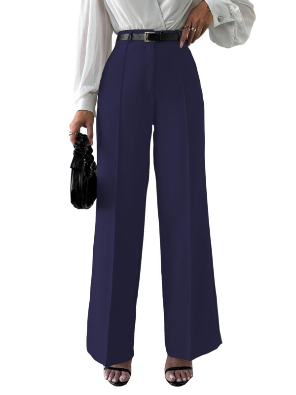 Women's High Rise Solid Color High Waist, Wide Straight-Leg Loose Fit, Front Button Closure, Simple Daily Casual Long Pants with Pockets (Without Belt)-Black