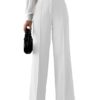 Women's High Rise Solid Color High Waist, Wide Straight-Leg Loose Fit, Front Button Closure, Simple Daily Casual Long Pants with Pockets (Without Belt)-White