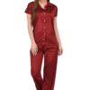 Women's Plain Satin Night Suit (Shirt and Pyjama) (Color Options) (Size - Small to XX-Large)-Deep red