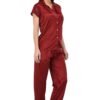Women's Plain Satin Night Suit (Shirt and Pyjama) (Color Options) (Size - Small to XX-Large)-Deep red