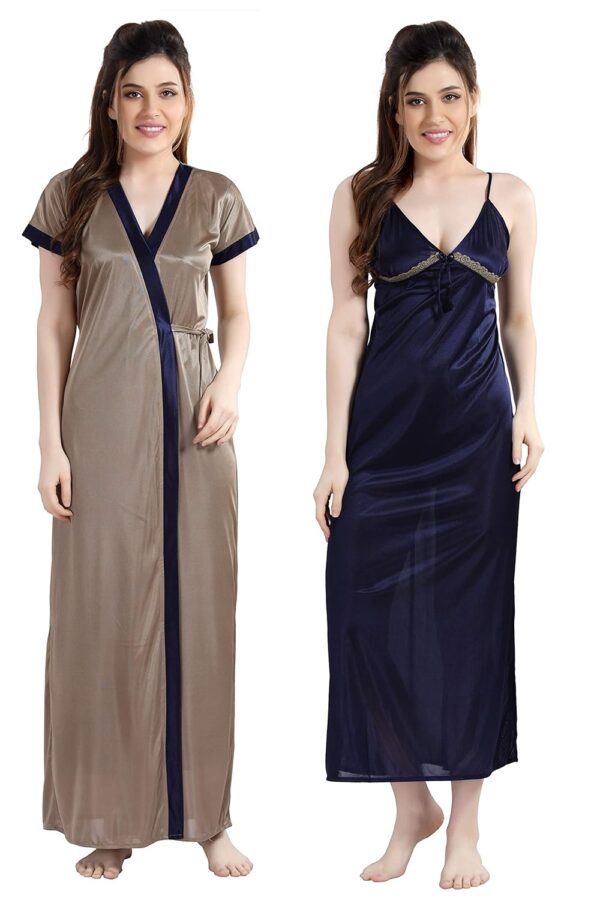 Women's Satin Solid Knee Length Nighty with Robe