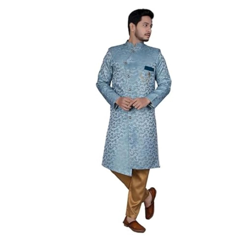 XEPON Mens Ethnic Wear SKY Color Traditional Indo Western With Churidar Pajama Set