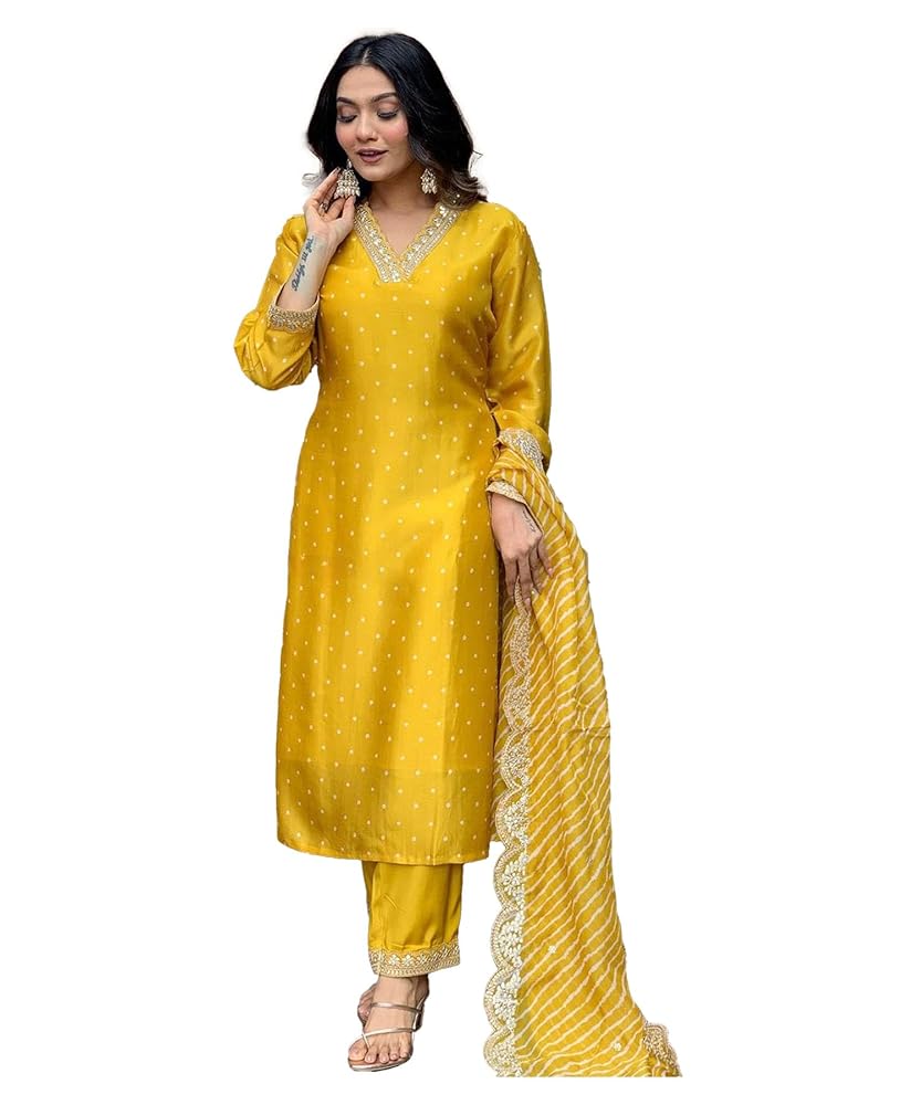 Yashika Women Silk Blend Table Print Kurta Pant Set with Mal Cotton Digital Print Dupatta and Embroidery Work Suitable For Every Indian Occasion