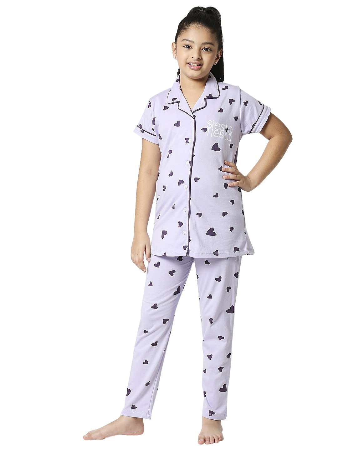 ZEYO Girl's Cotton Heart Printed Night Suit Set 5506
