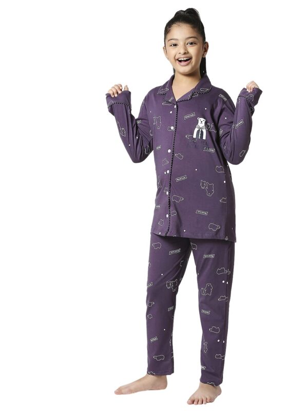 ZEYO Girls Night Suit Set Cotton Bear Printed Pajama Set Night dress 5513