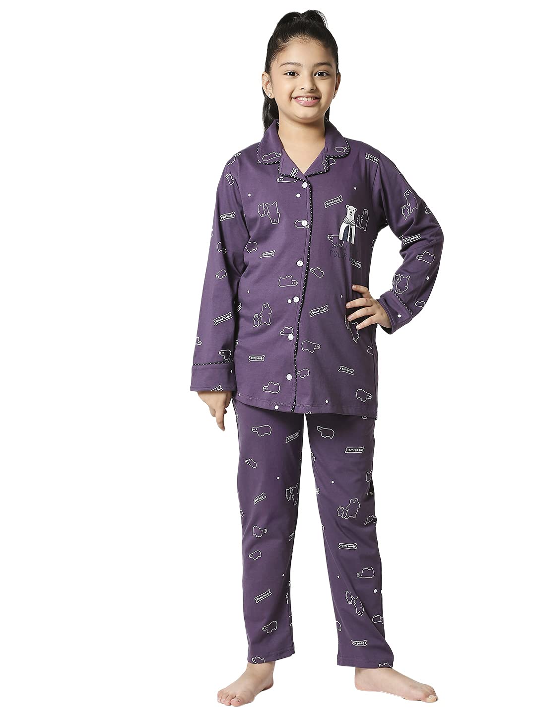 ZEYO Girls Night Suit Set Cotton Bear Printed Pajama Set Night dress 5513