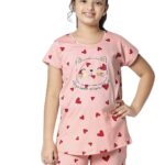 ZEYO Girls Night Suit Set Cotton Heart Print Night dress 5503