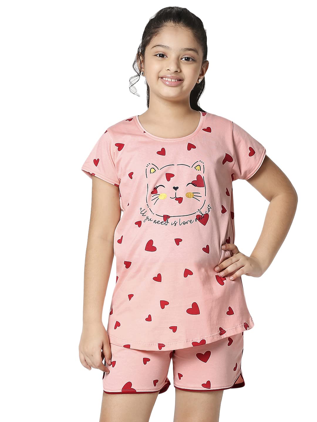 ZEYO Girls Night Suit Set Cotton Heart Print Night dress 5503