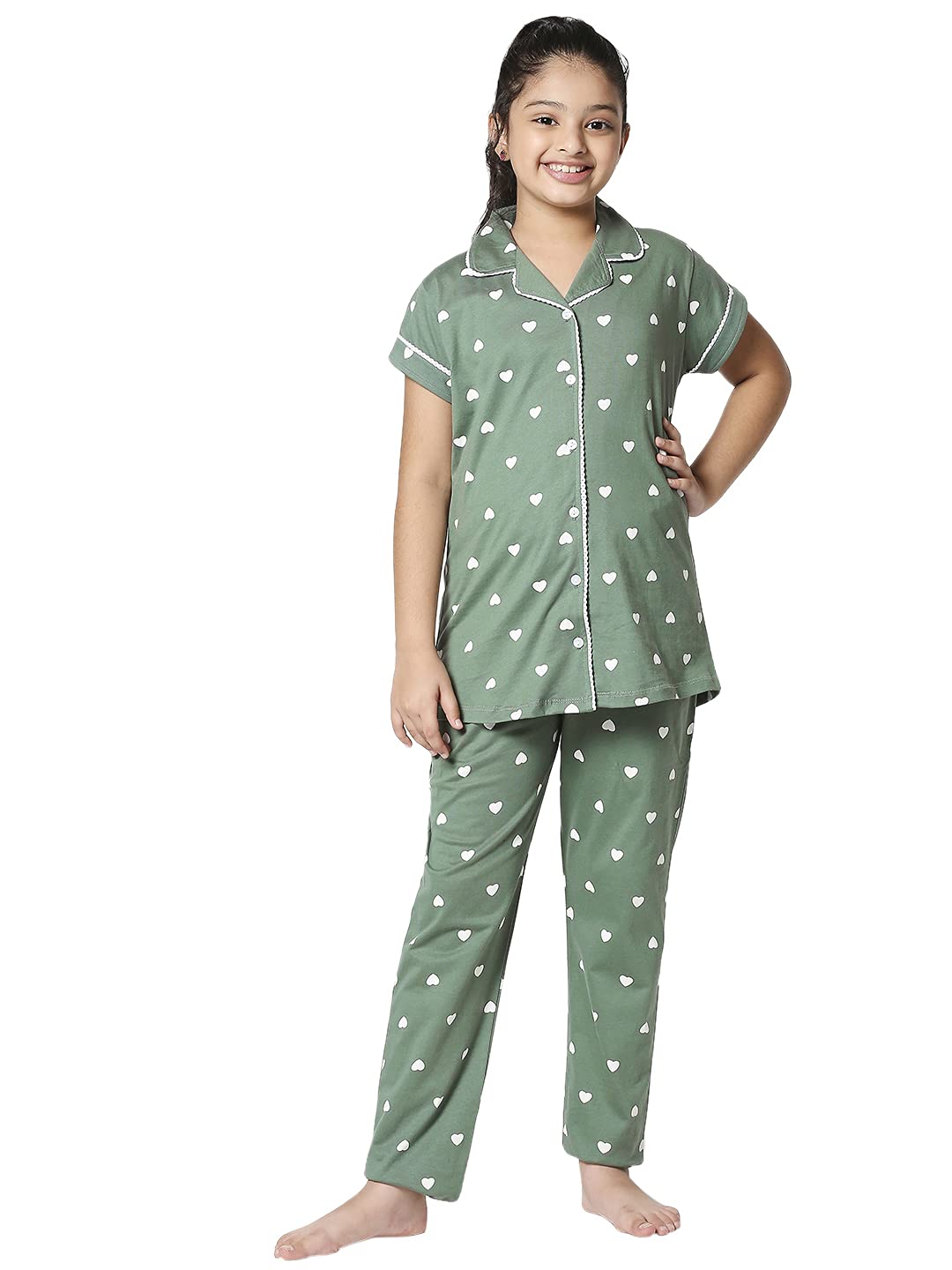 ZEYO Girls Night Suit Set Cotton heart Print Pajama Set Night dress 5506