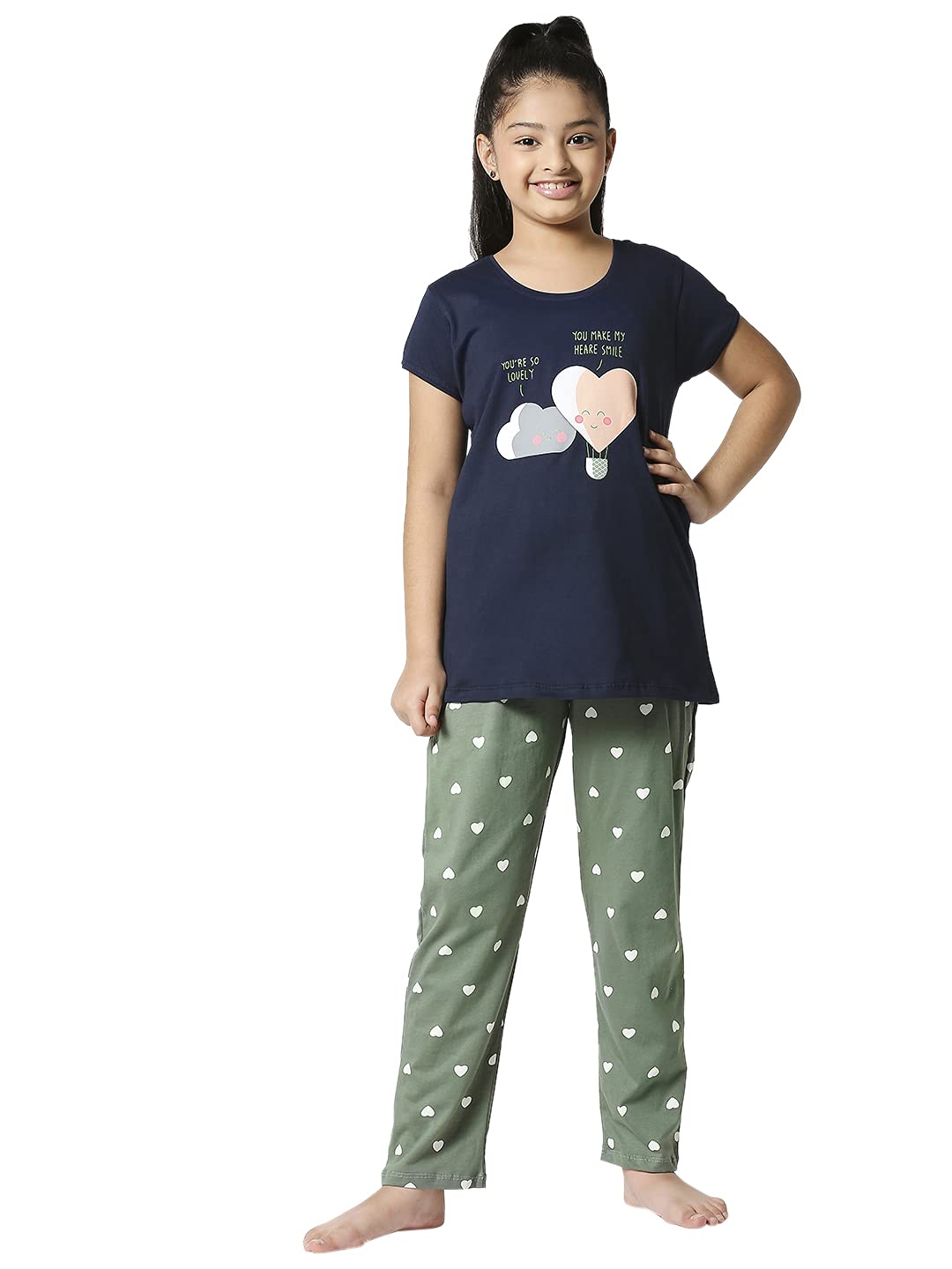 ZEYO Girls Night Suit Set Cotton Heart Printed Pajama Set Night dress 5516