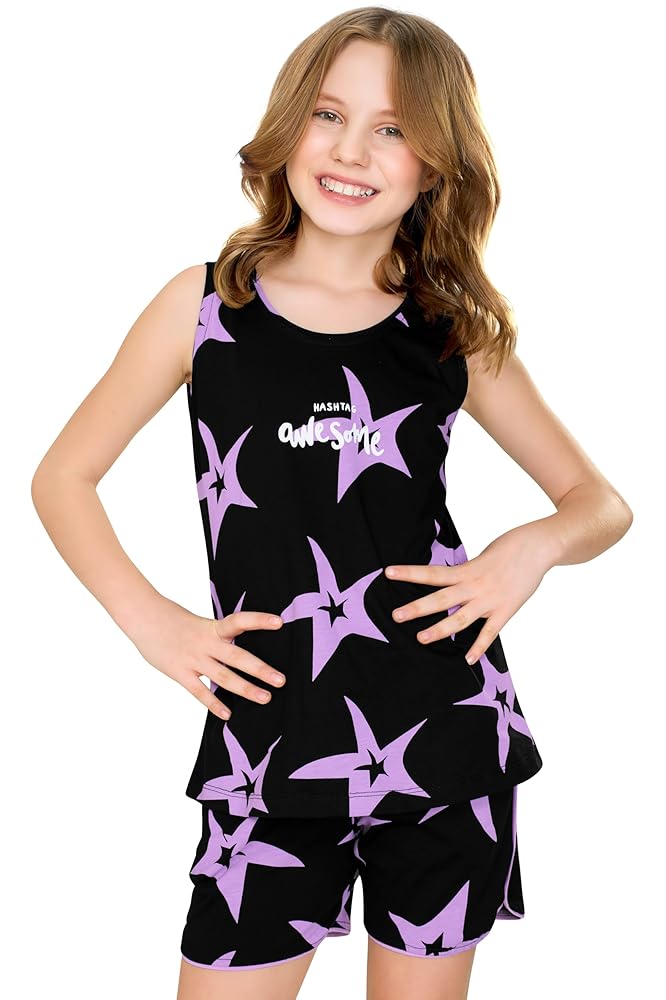 ZEYO Night Suit for Girl's Stars Printed Cotton Night Dress of Top and Short's Set 5527