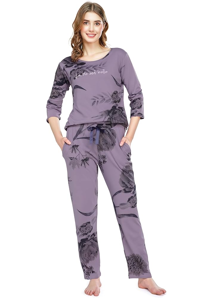ZEYO Night Suit for Women's Floral Printed Cotton Night Dress of Top and Pajama Set 5789