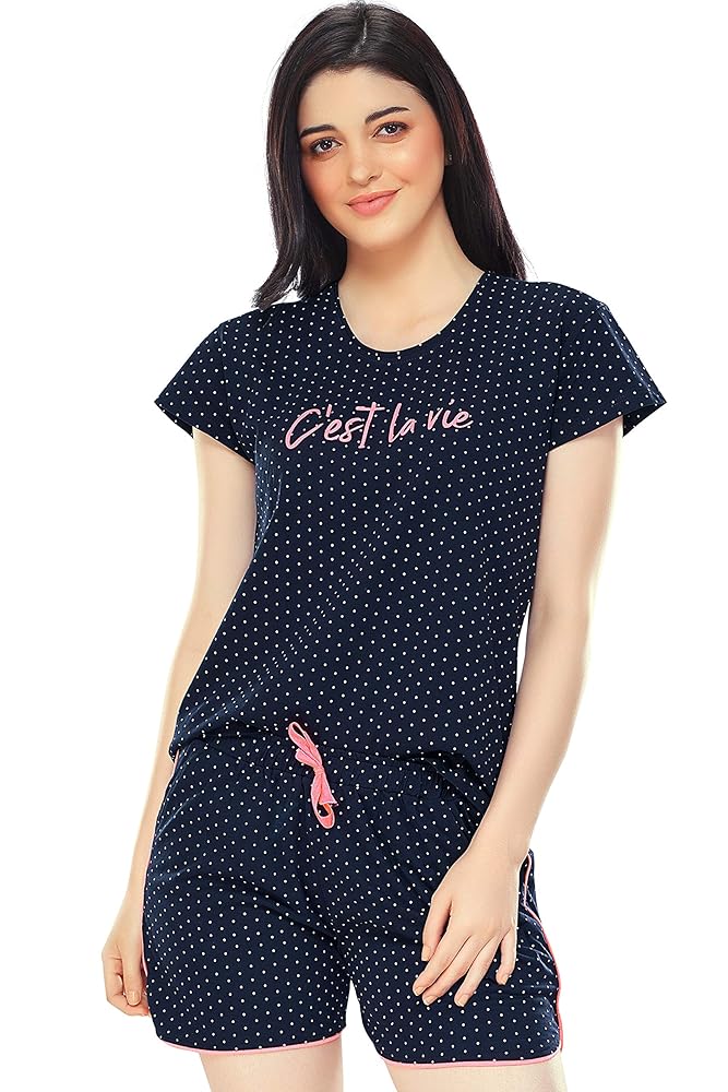 ZEYO Women's Cotton Dot Printed Night Suit Set of Top & Shorts 5228