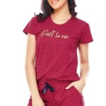 ZEYO Women's Cotton Dot Printed Night Suit Set of Top & Shorts 5228