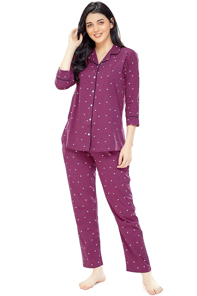 ZEYO Women's Cotton Heart Printed Night Suit set of Shirt & Pajama Set 5152
