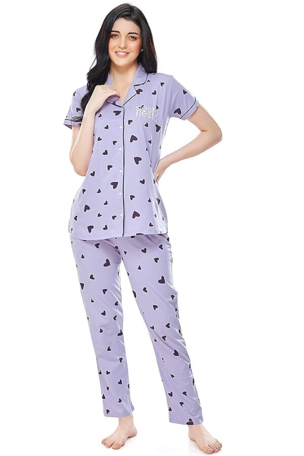 ZEYO Women's Cotton Heart Printed Night Suit set of Shirt & Pajama Set 5250
