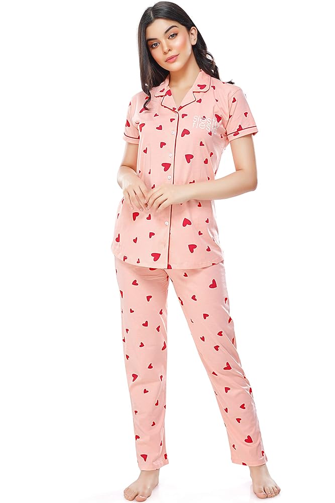 ZEYO Women's Cotton Heart Printed Night Suit set of Shirt & Pajama Set 5250