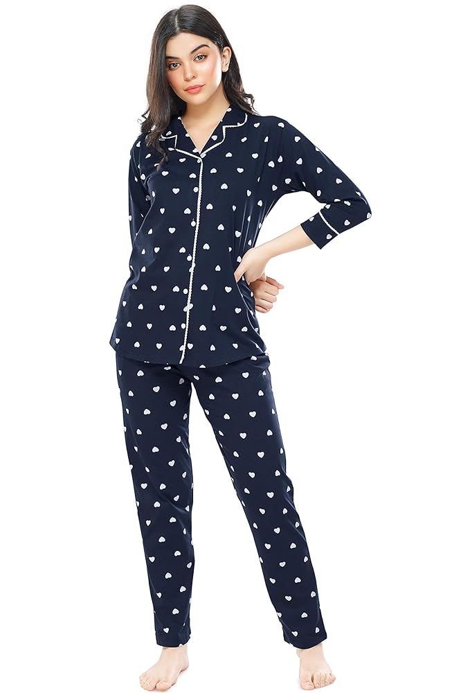 ZEYO Women's Cotton Heart Printed Night Suit Set Of Shirt & Pajama Set 5274