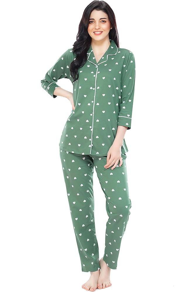 ZEYO Women's Cotton Heart Printed Night Suit Set Of Shirt & Pajama Set 5274