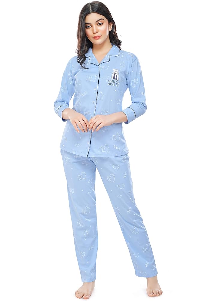 ZEYO Women's Cotton Heart Printed Night Suit Set Of Shirt & Pajama Set 5274
