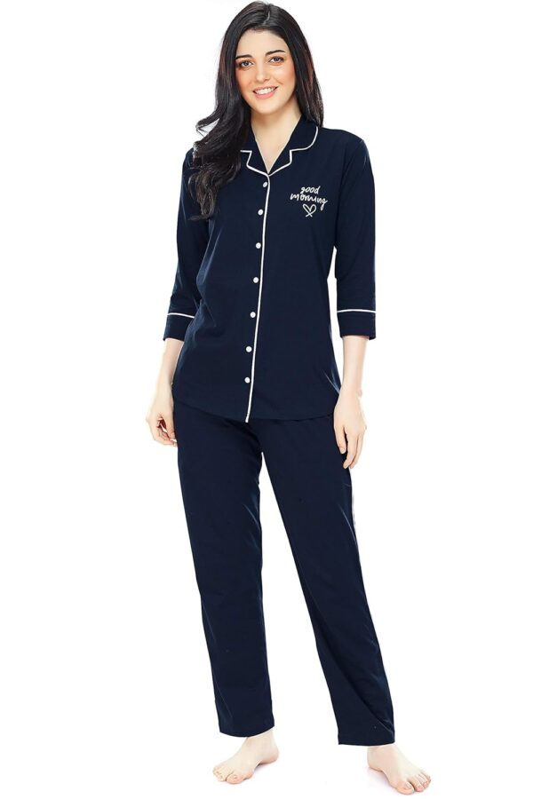 ZEYO Women's Cotton Solid Plain Relaxed Night Suit Set Of Shirt & Pyjama 5241