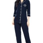 ZEYO Women's Cotton Solid Plain Relaxed Night Suit Set Of Shirt & Pyjama 5241