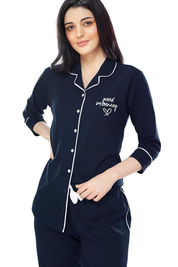 ZEYO Women's Cotton Solid Plain Relaxed Night Suit Set Of Shirt & Pyjama 5241