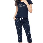 ZEYO Women's Cotton Star Printed Night Suit Set of Top & Capri 5235