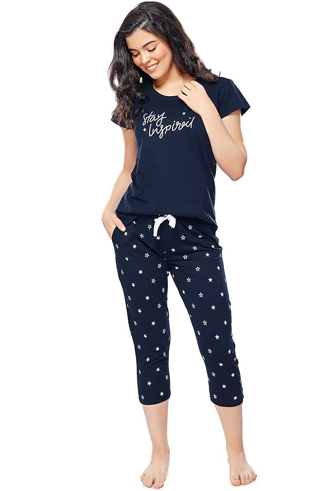 ZEYO Women's Cotton Star Printed Night Suit Set of Top & Capri 5235