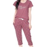 ZEYO Women's Cotton Star Printed Night Suit Set of Top & Capri 5235