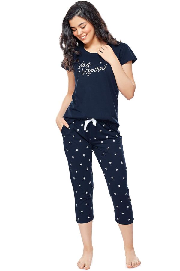 ZEYO Women's Cotton Star Printed Night Suit Set of Top & Capri 5235