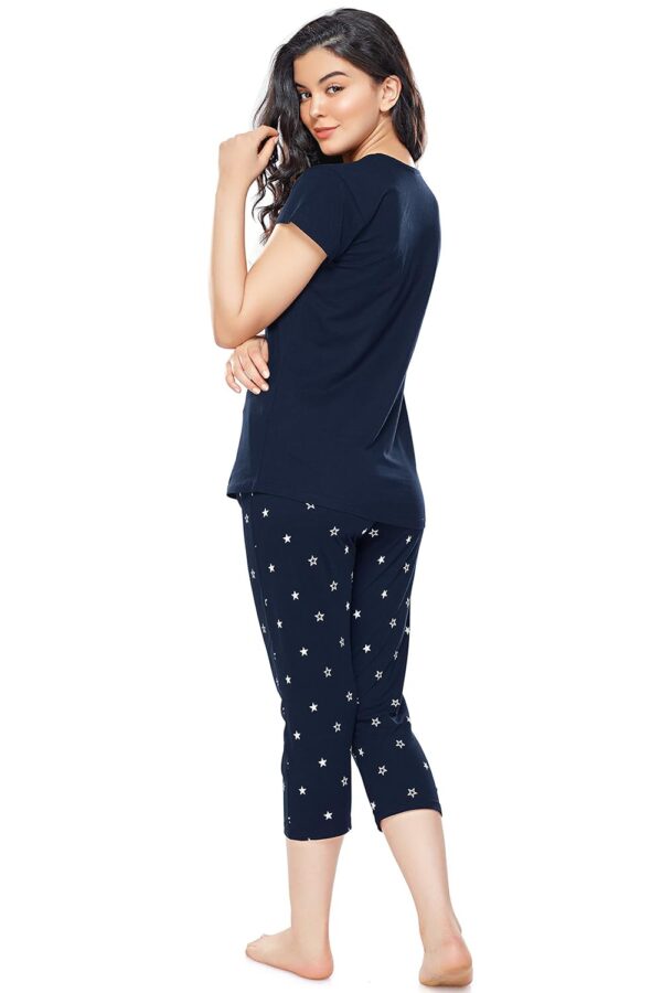 ZEYO Women's Cotton Star Printed Night Suit Set of Top & Capri 5235