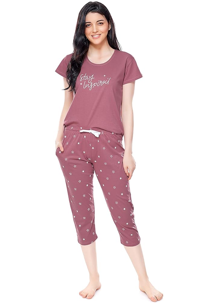 ZEYO Women's Cotton Star Printed Night Suit Set of Top & Capri 5235